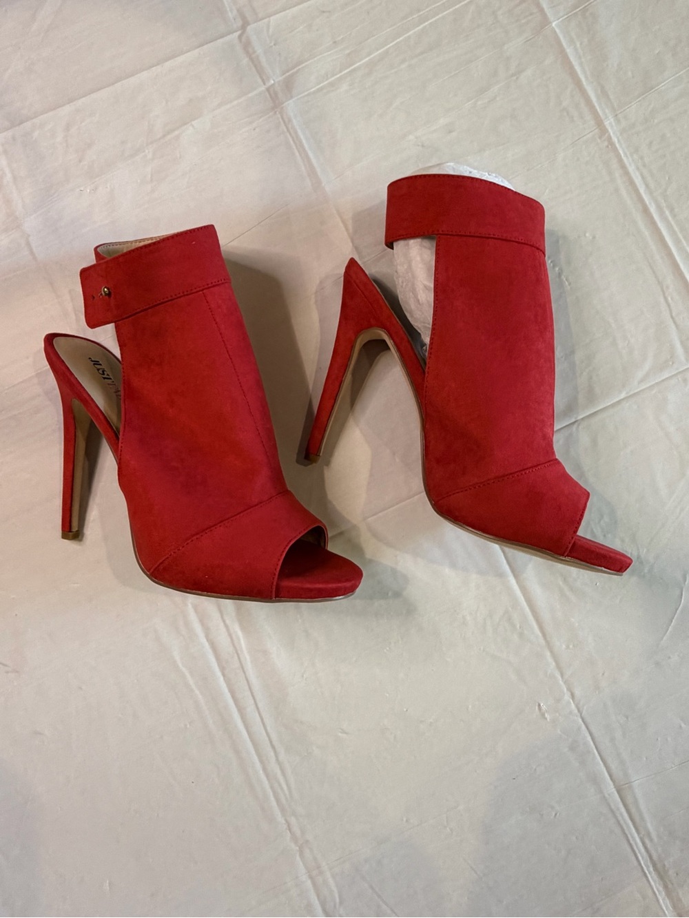 JustFab Red Faux Suede Peep Toe Ankle Cuff Stiletto Heels